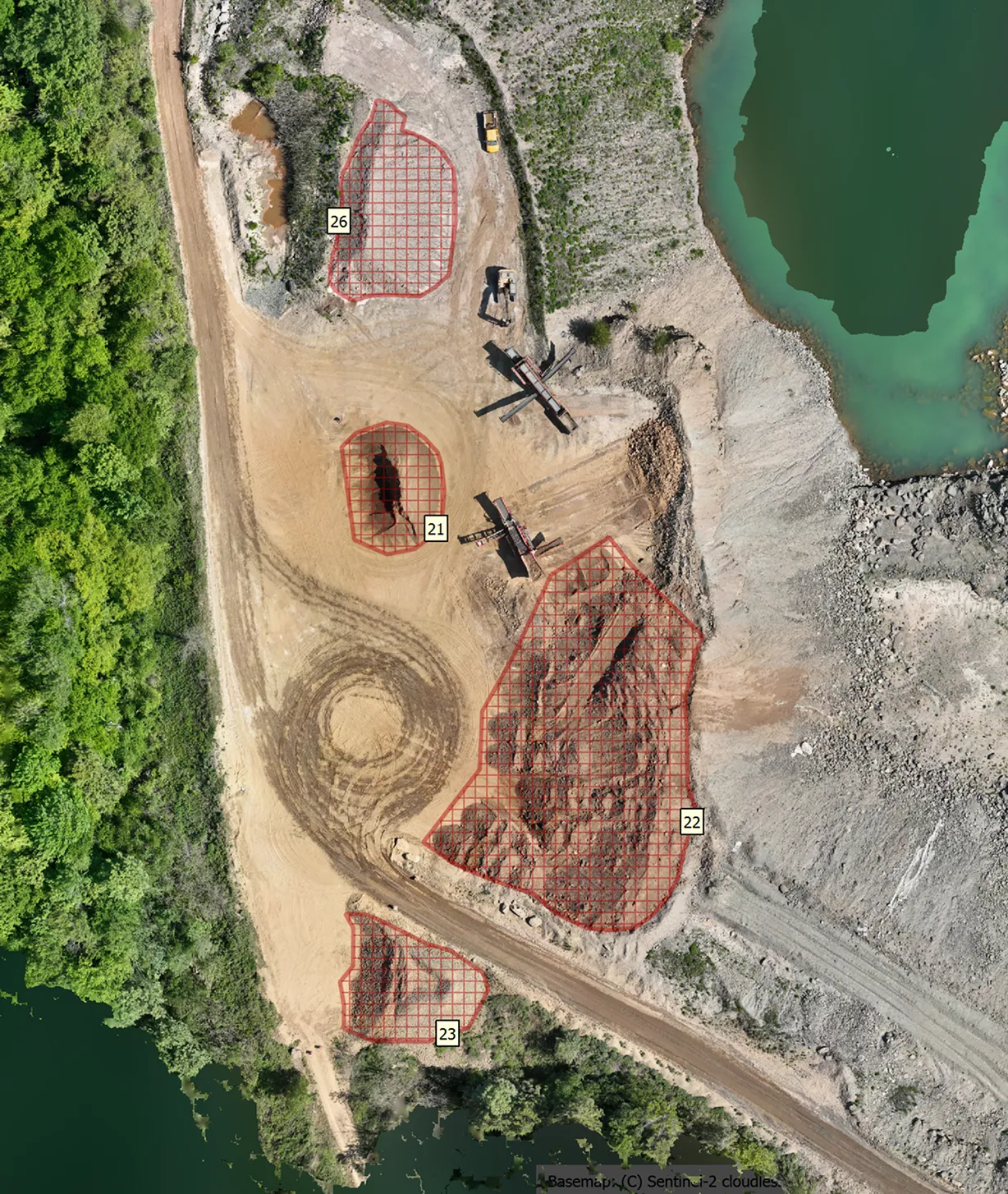 Aerial view of quarry with stockpile designations