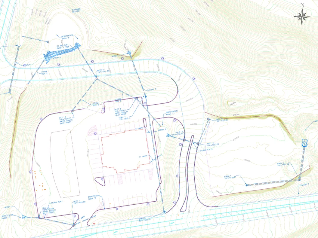 As-built site plan with stormwater management and grading
