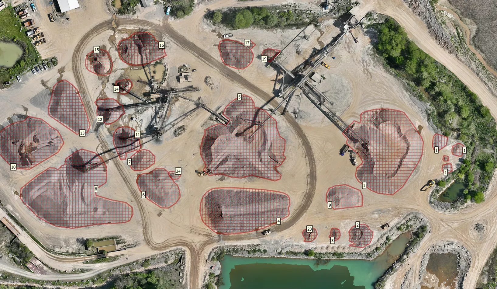 Aerial quarry view with production volume mapping